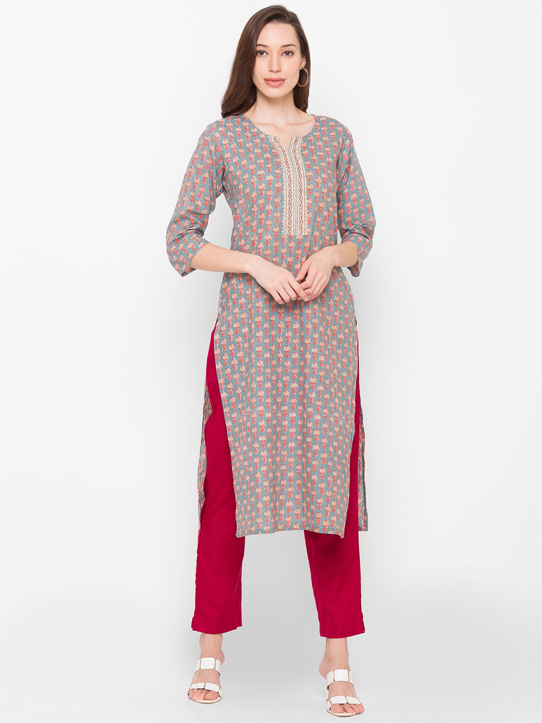 

Globus Women Grey & Red Ethnic Motifs Printed Thread Work Cotton Kurta