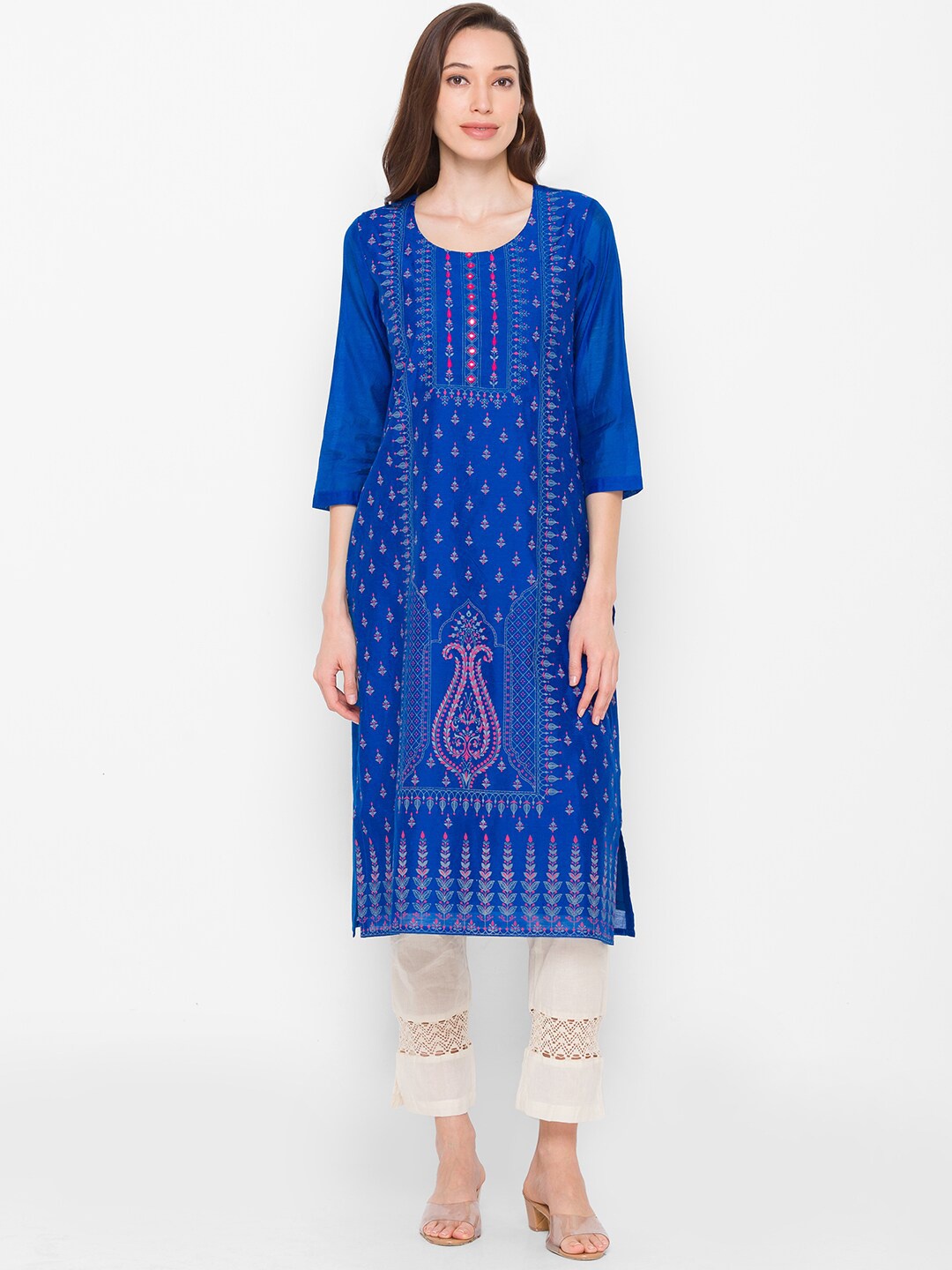 

Globus Women Blue & Pink Ethnic Motifs Printed Chanderi Silk Kurta