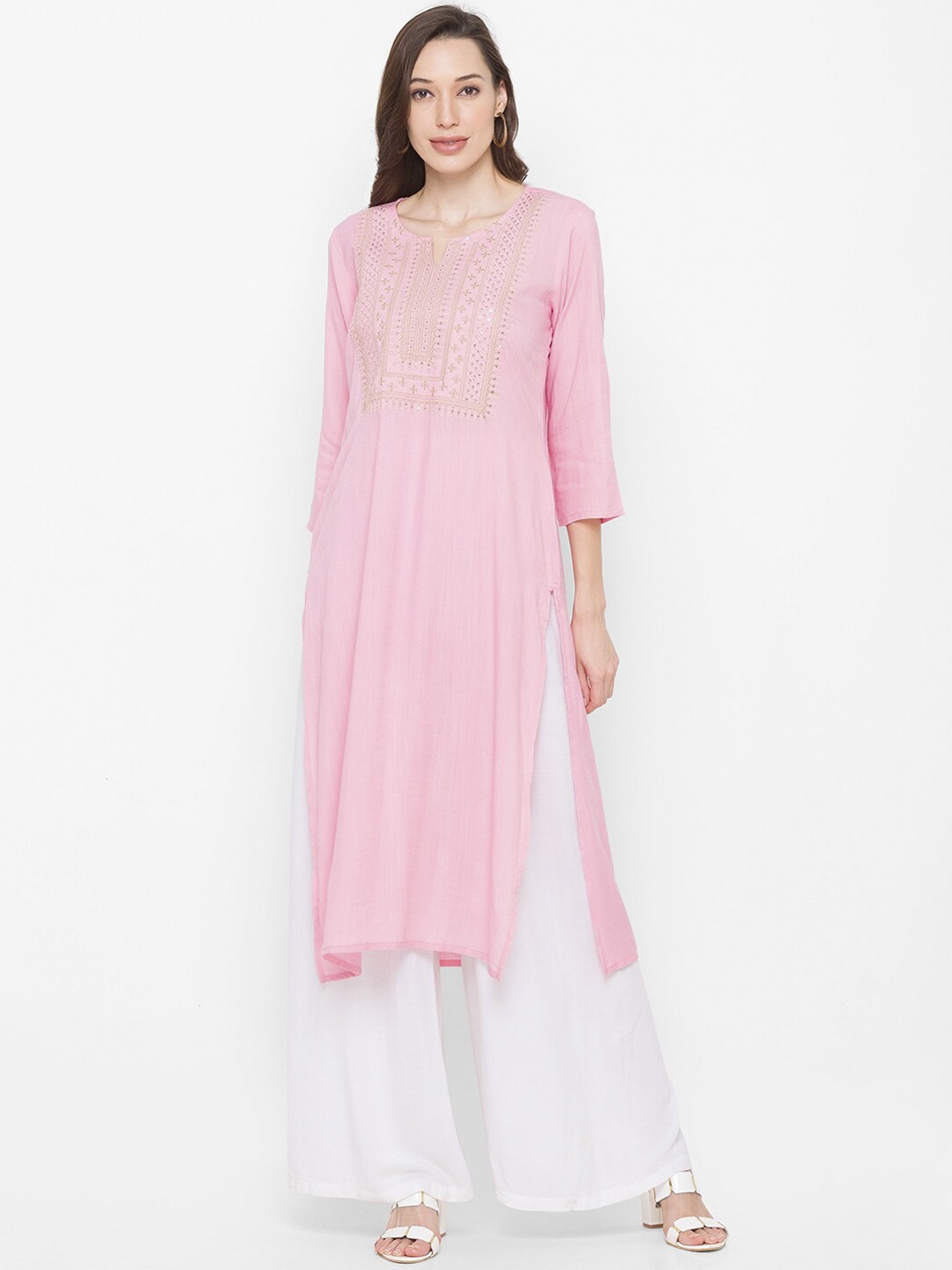 

Globus Women Pink & Gold-Toned Ethnic Motifs Yoke Design Kurta