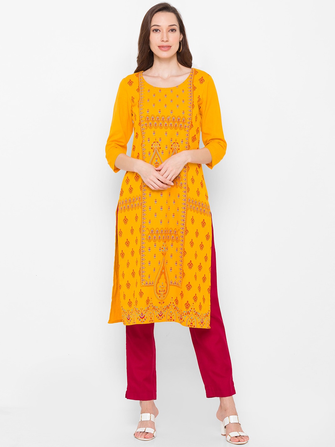 

Globus Women Mustard Yellow Ethnic Motifs Printed Mirror Work Kurta