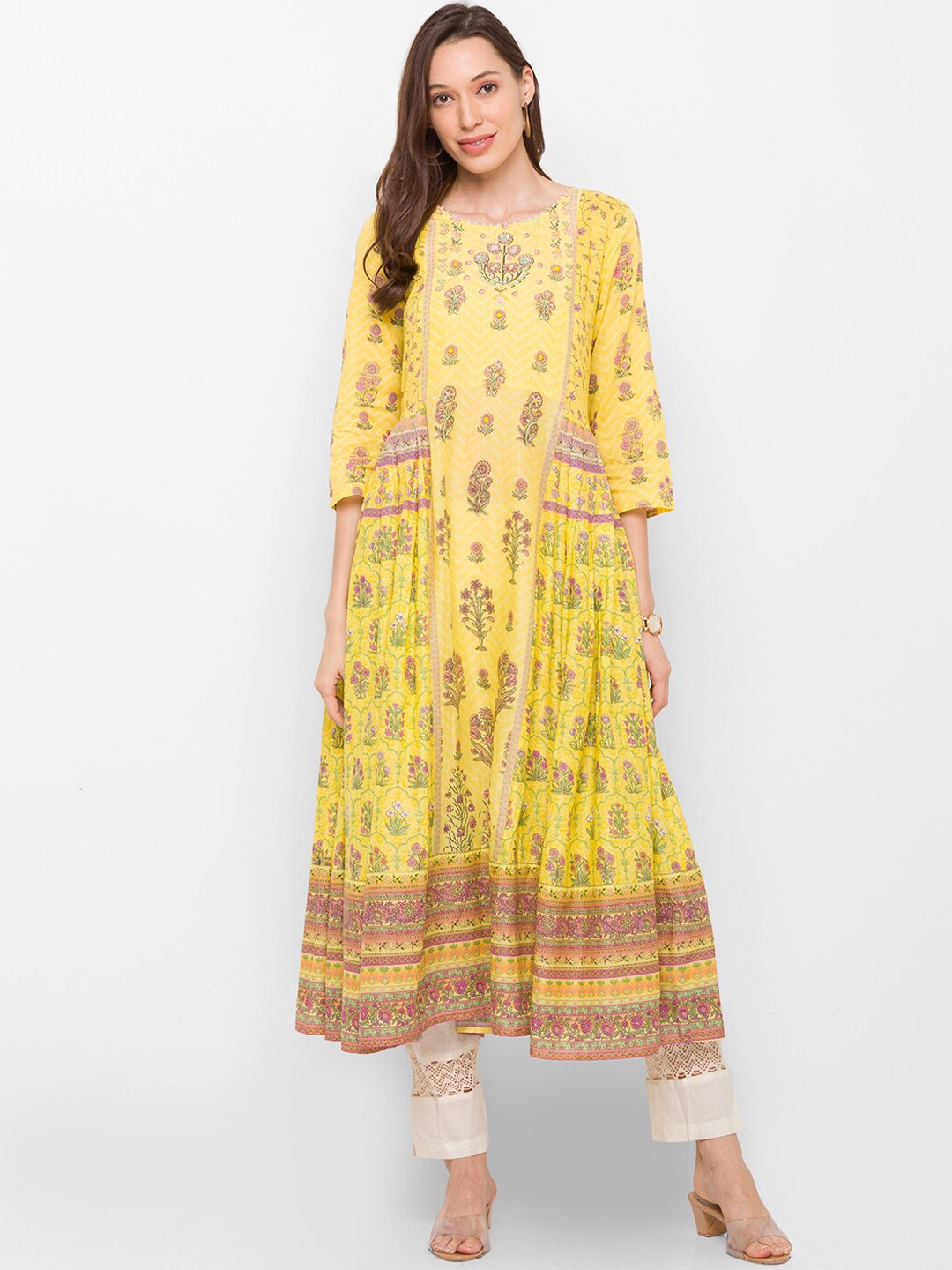 

Globus Women Yellow Ethnic Motifs Printed Keyhole Neck Anarkali Kurta