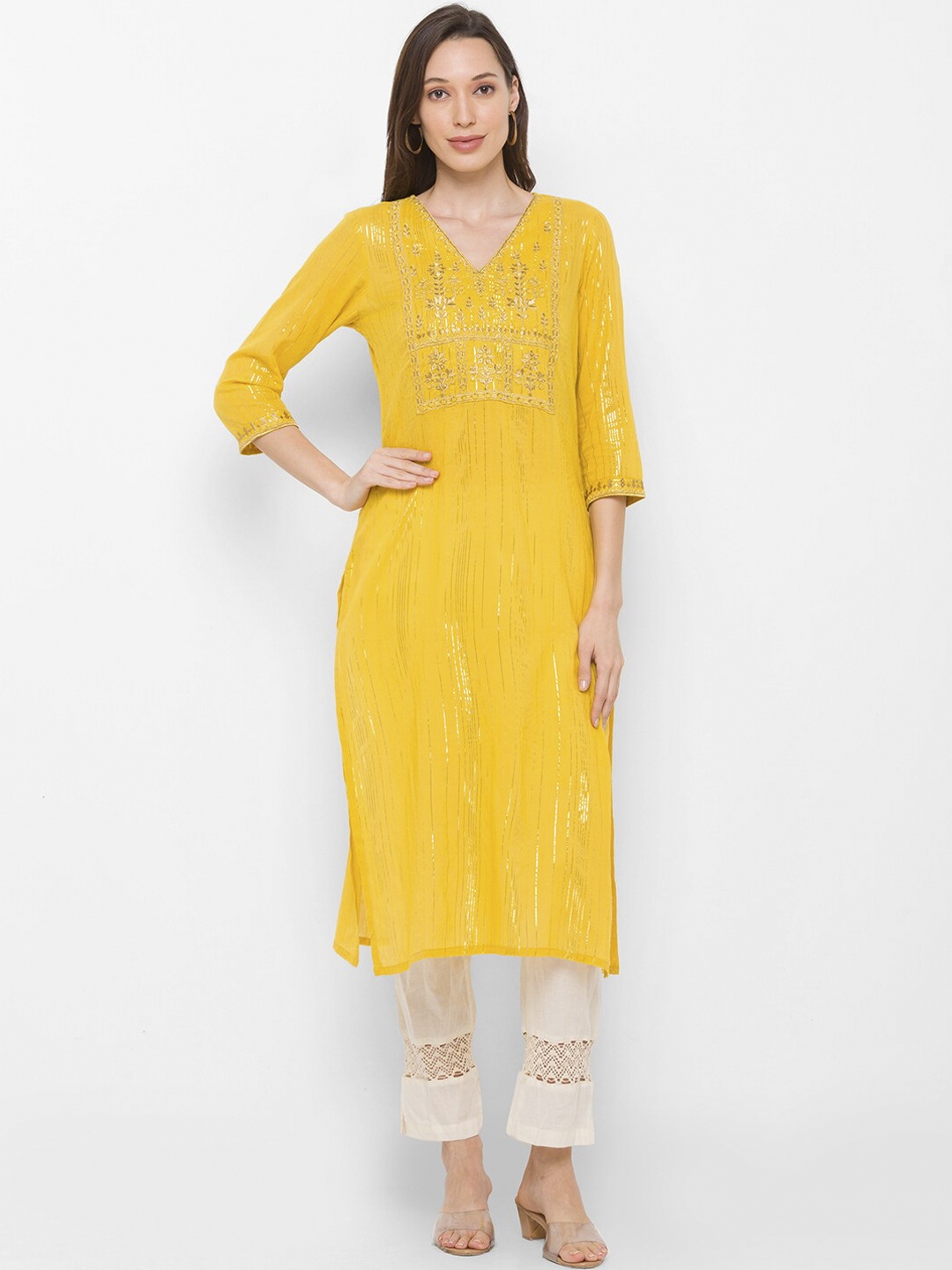 

Globus Women Yellow Embroidered Thread Work Kurta