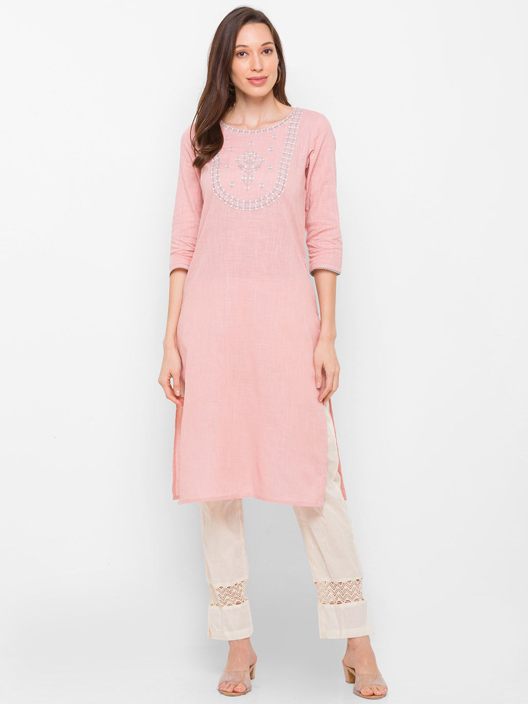 

Globus Women Pink Floral Embroidered Thread Work Kurta