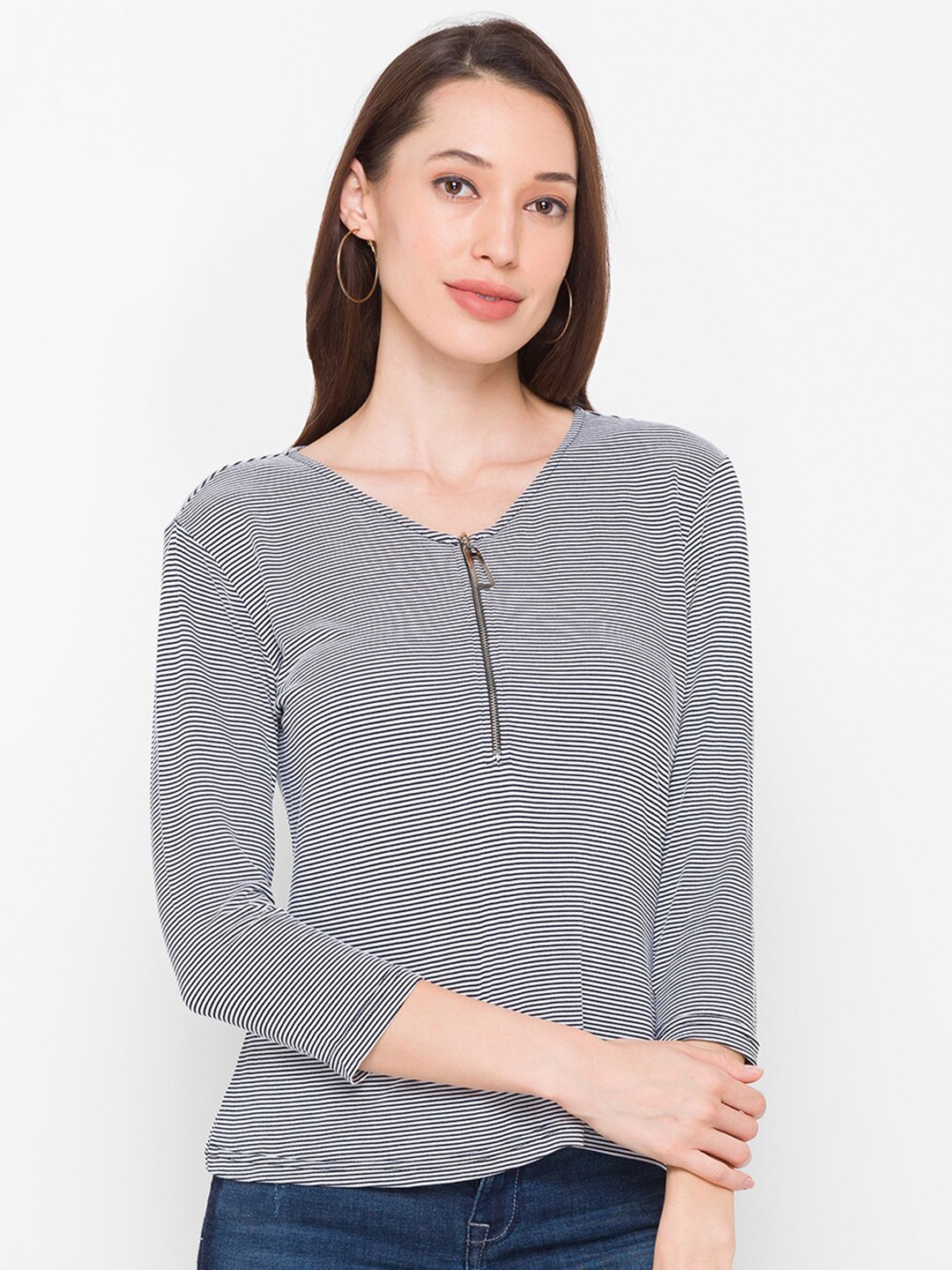 

Globus Women Black Striped Henley Neck Extended Sleeves Pockets T-shirt