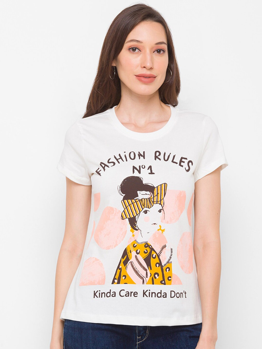 

Globus Women Off White Printed Extended Sleeves Raw Edge T-shirt