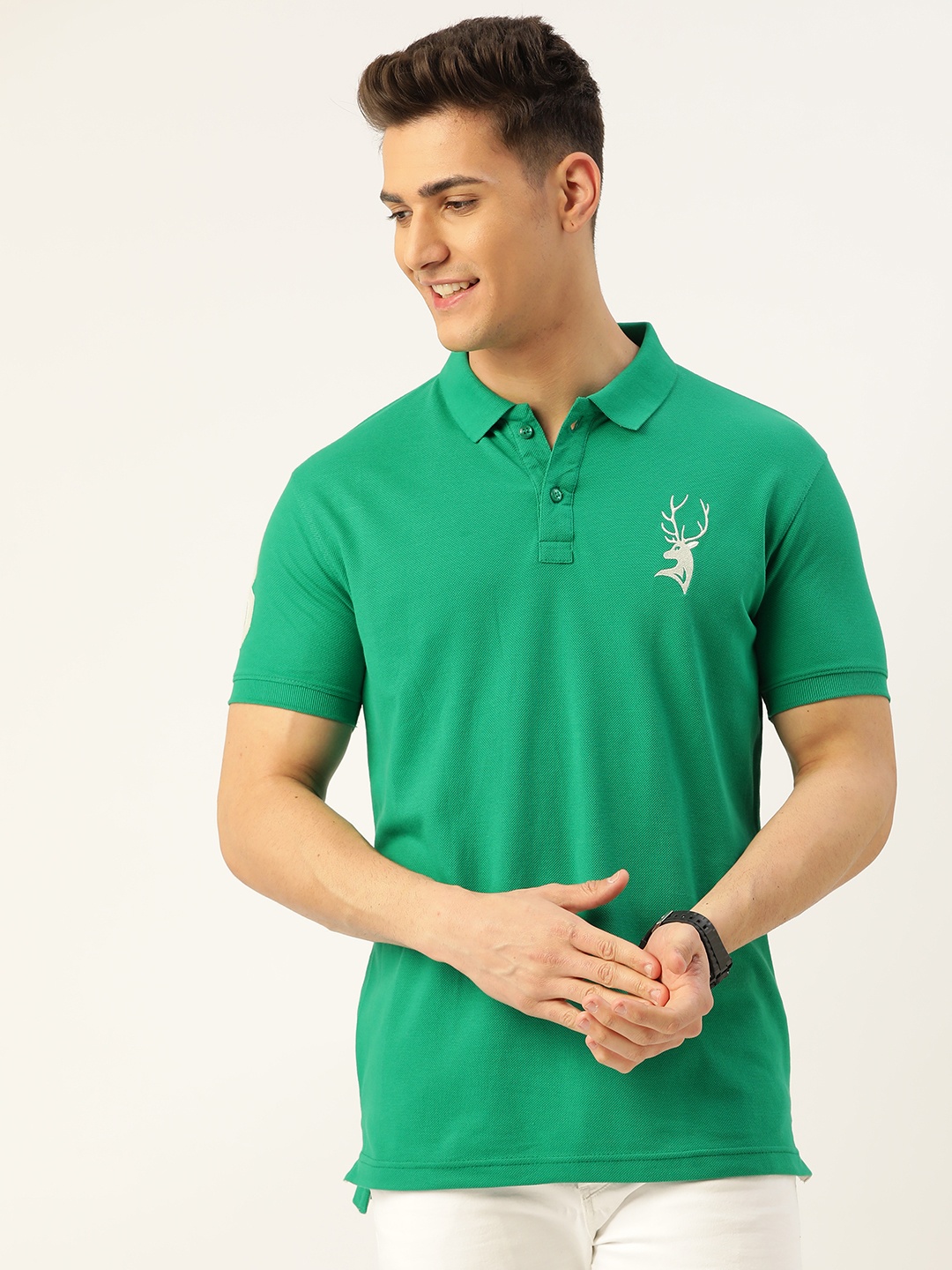 

PORTBLAIR Men Green & White Brand Logo Printed Polo Collar T-shirt