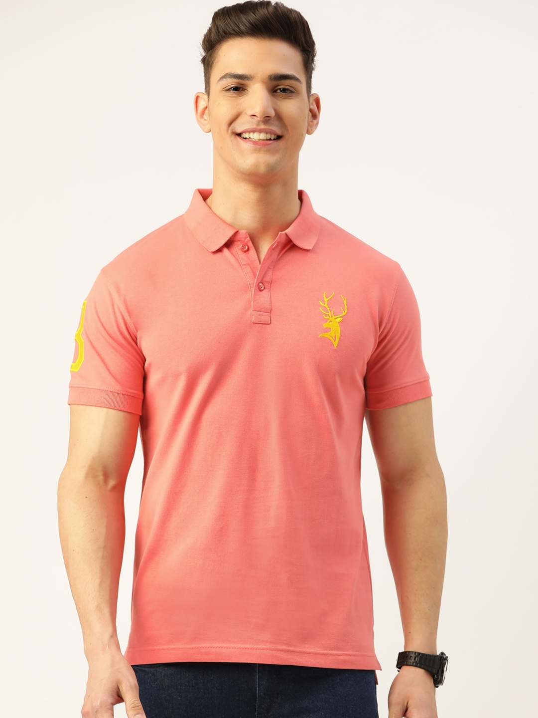 

PORTBLAIR Men Peach-Coloured & Yellow Brand Logo Printed Polo Collar T-shirt