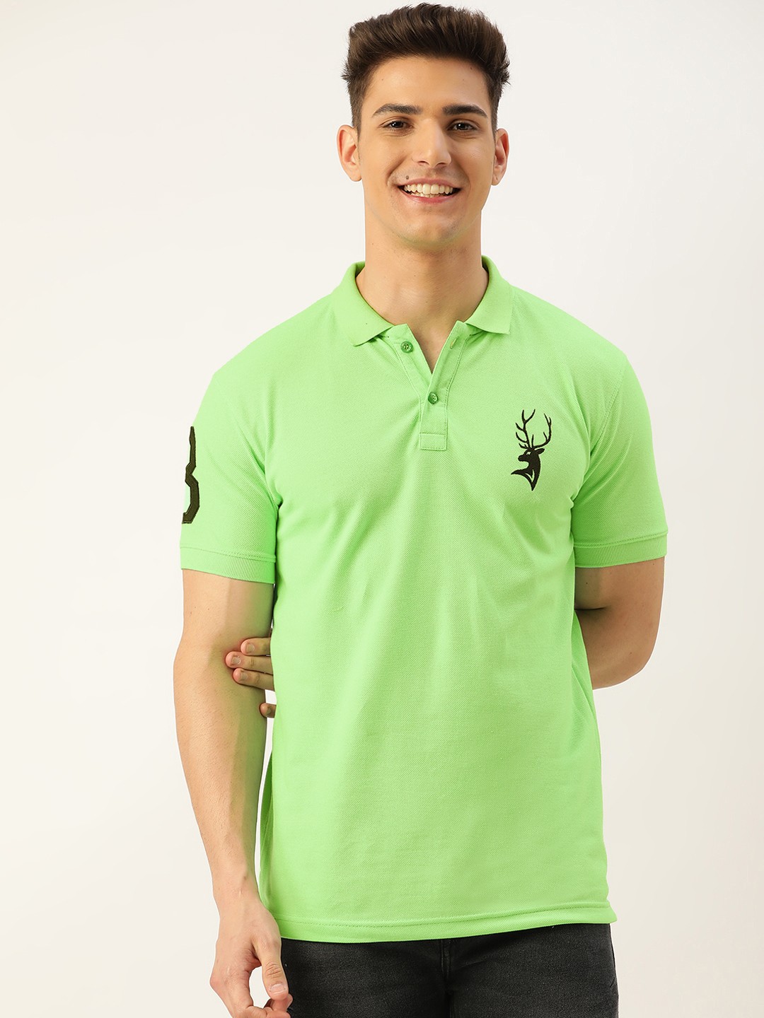 

PORTBLAIR Men Green Brand Logo Printed Polo Collar T-shirt