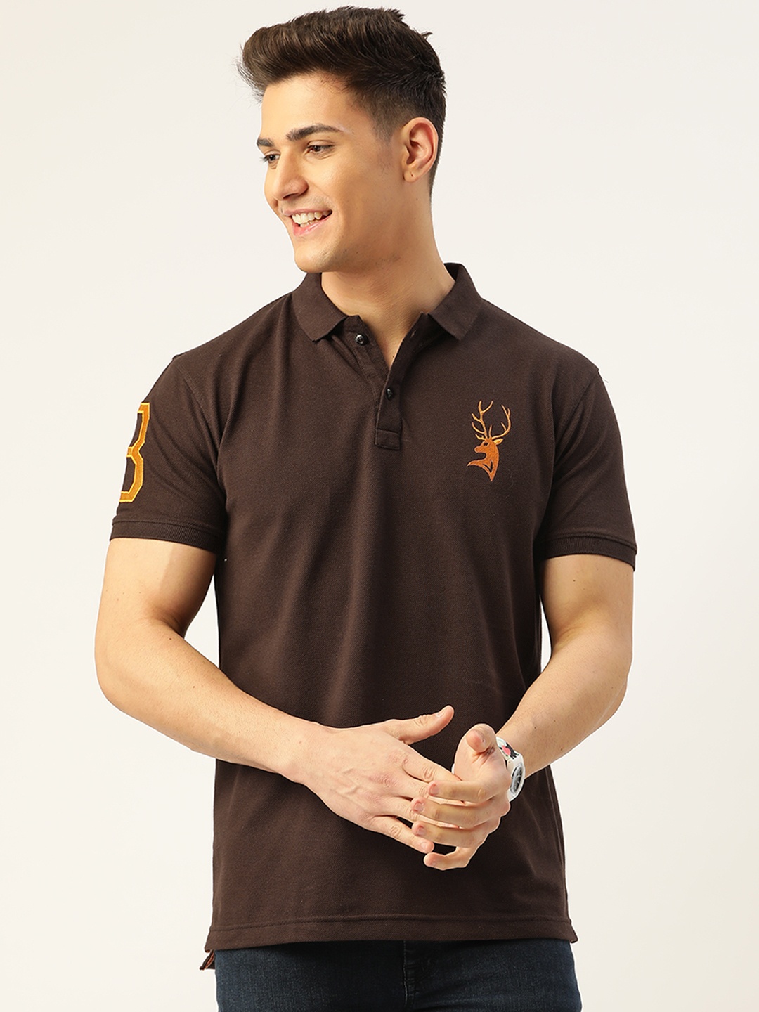 

PORTBLAIR Men Brown & Orange Brand Logo Printed Polo Collar T-shirt
