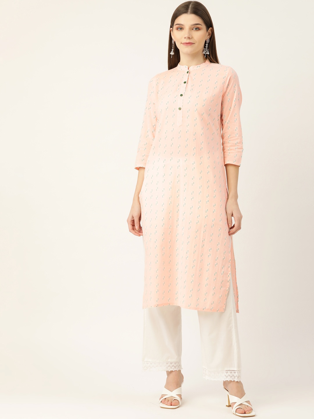 

INDYES Women Peach-Coloured Floral Printed Block Print Kurta