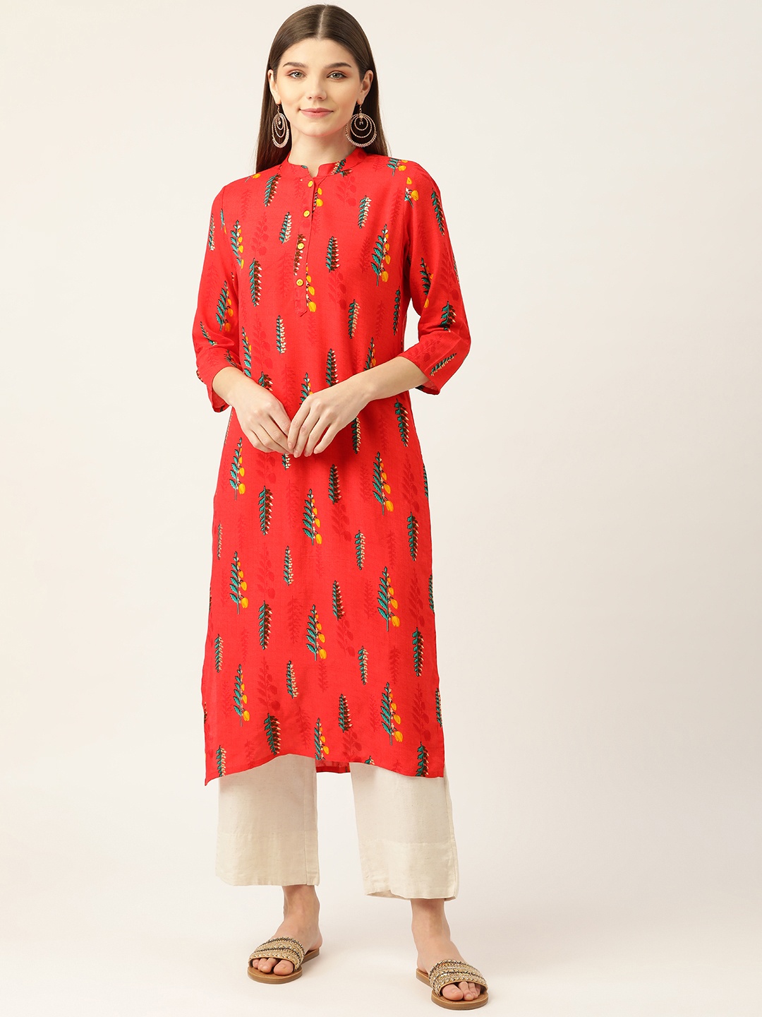 

INDYES Women Red Floral Printed Block Print Kurta