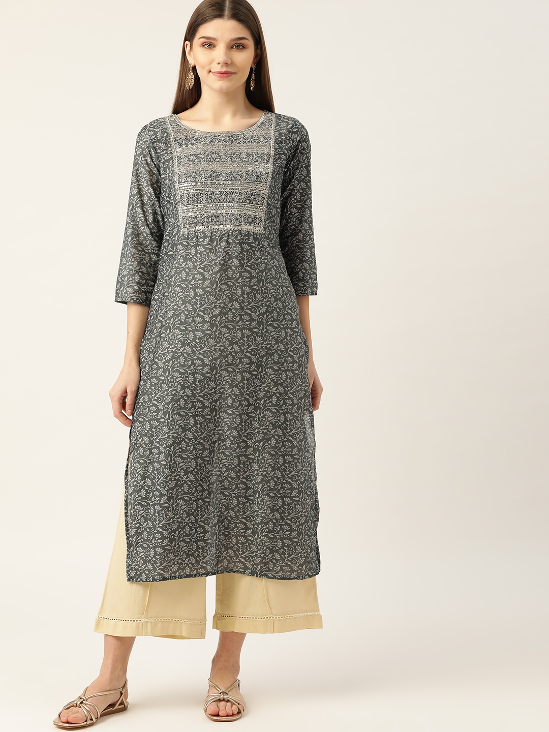 

INDYES Women Grey Floral Embellished Floral Kurta