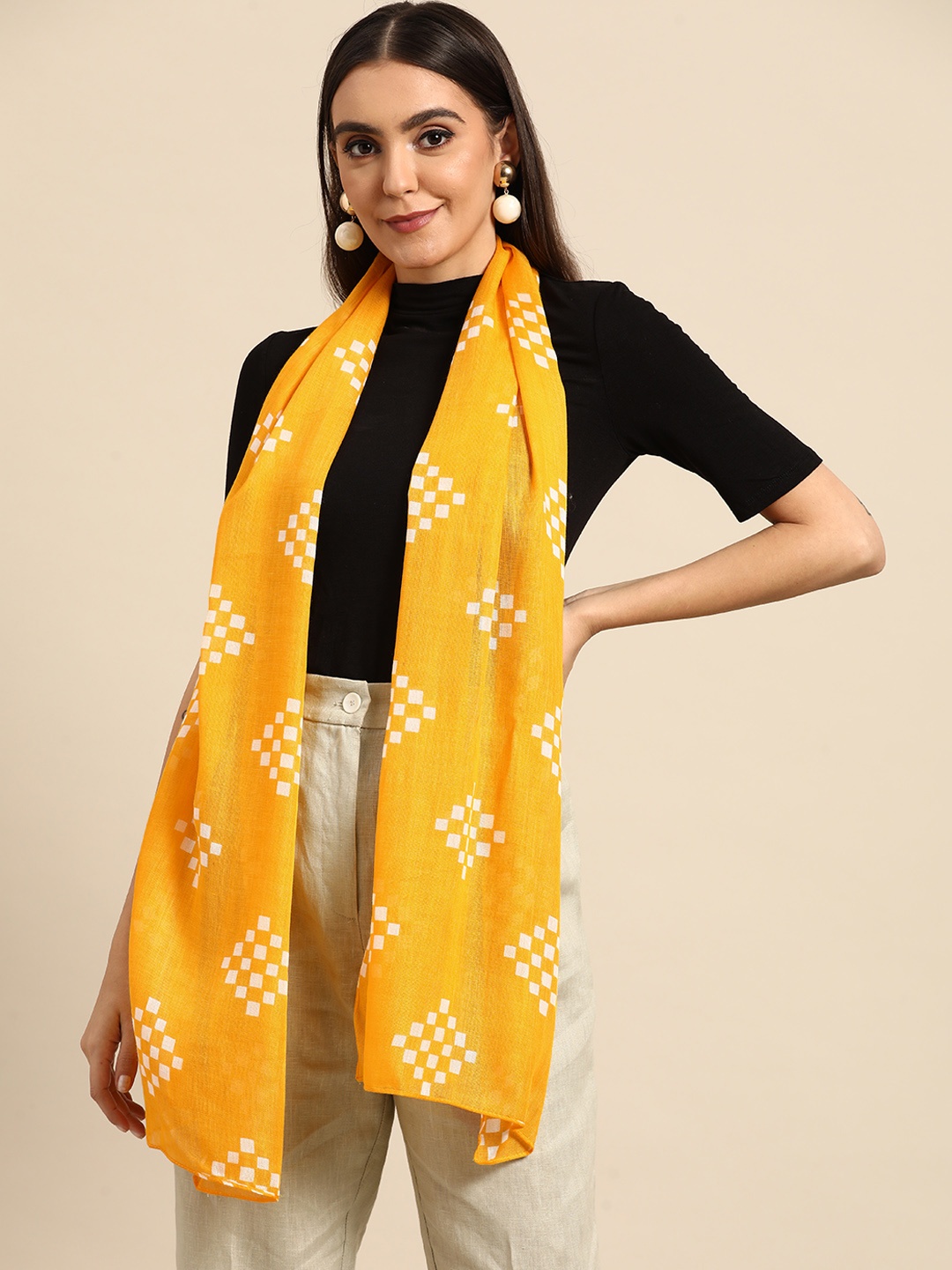 

Anouk Women Mustard Yellow & White Printed Scarf