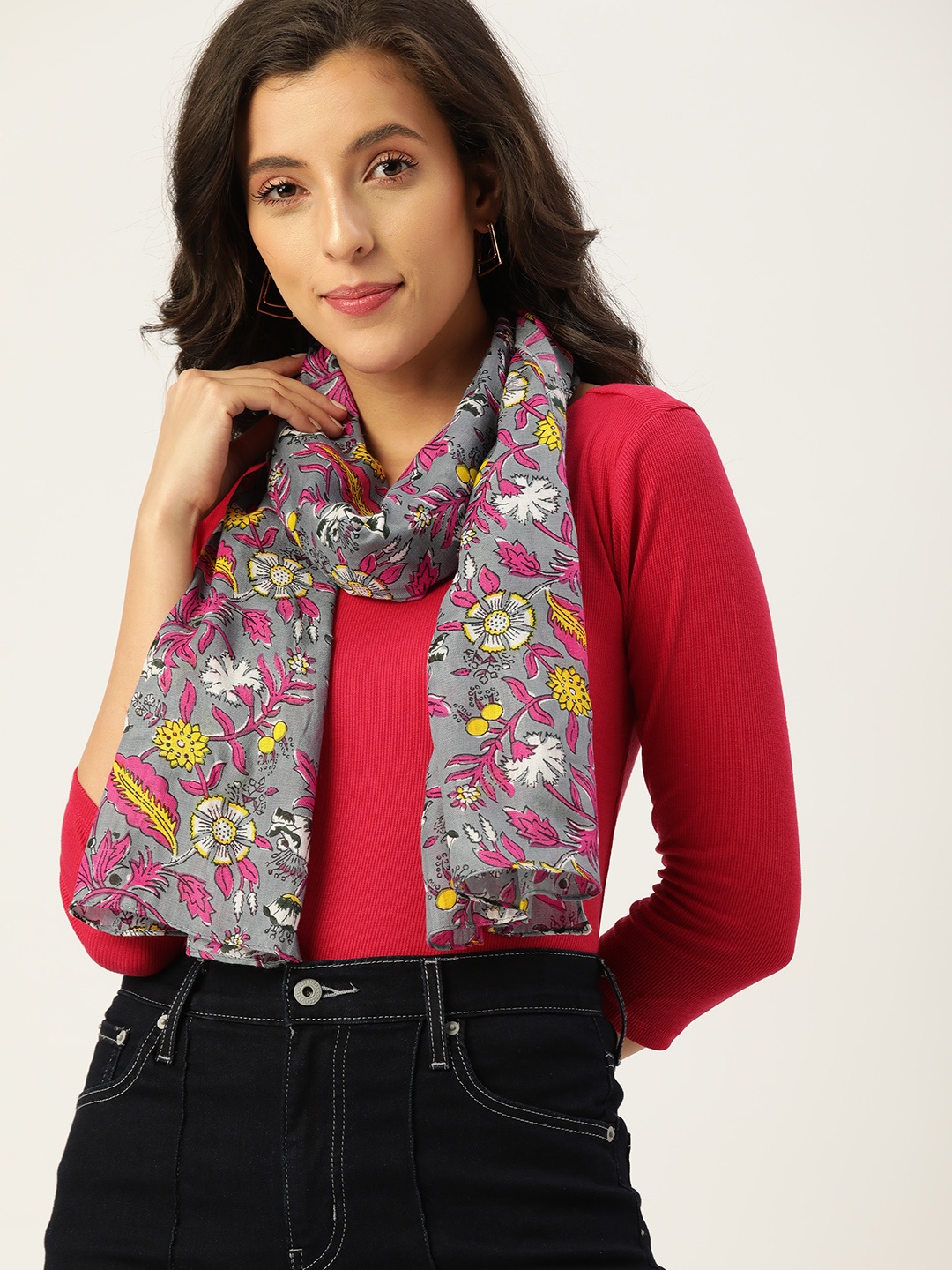 

DressBerry Women Grey & Pink Floral Printed Stole