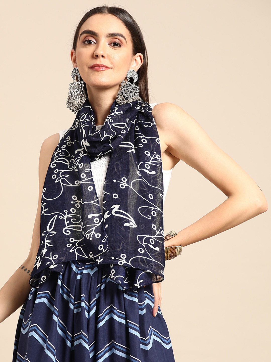 

Anouk Women Navy Blue & White Printed Stole