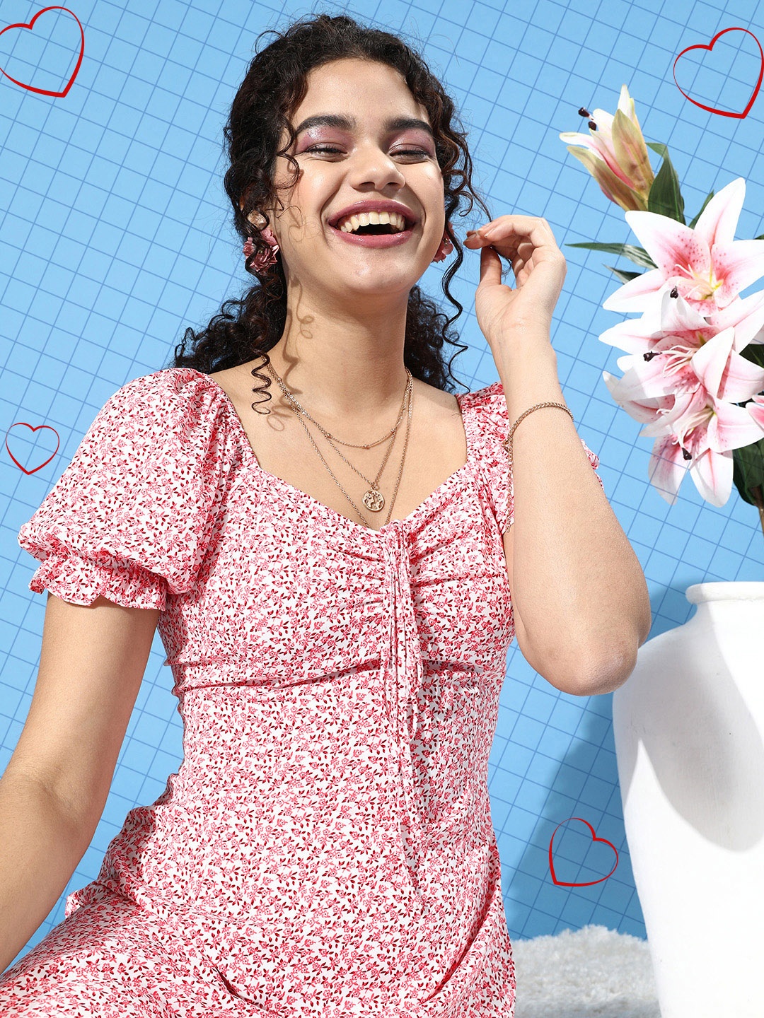 

Berrylush Pink Floral Crepe A-Line Midi Dress