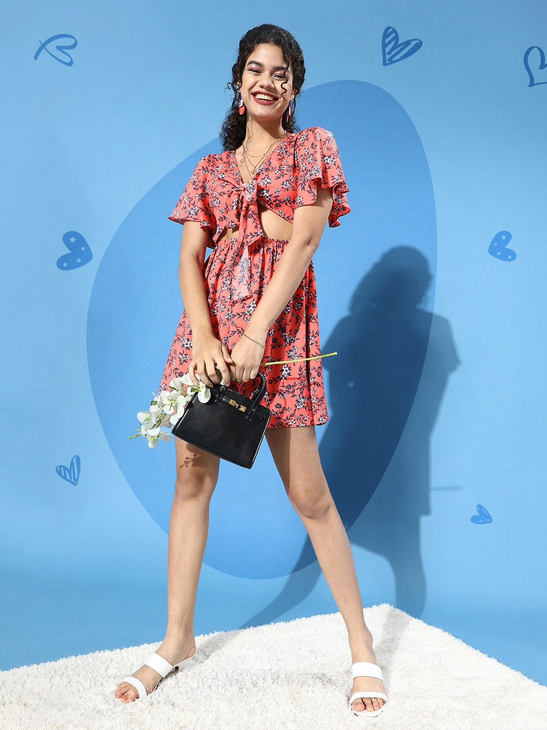 

Berrylush Orange Floral Crepe A-Line Mini Dress