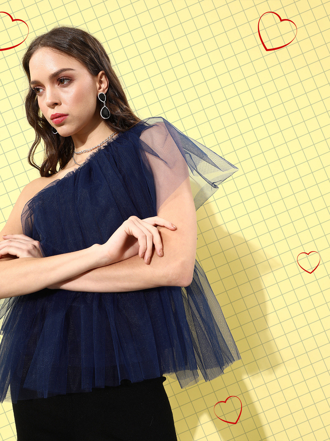

Style Quotient Women Deep Navy Blue Solid One-Shoulder Top