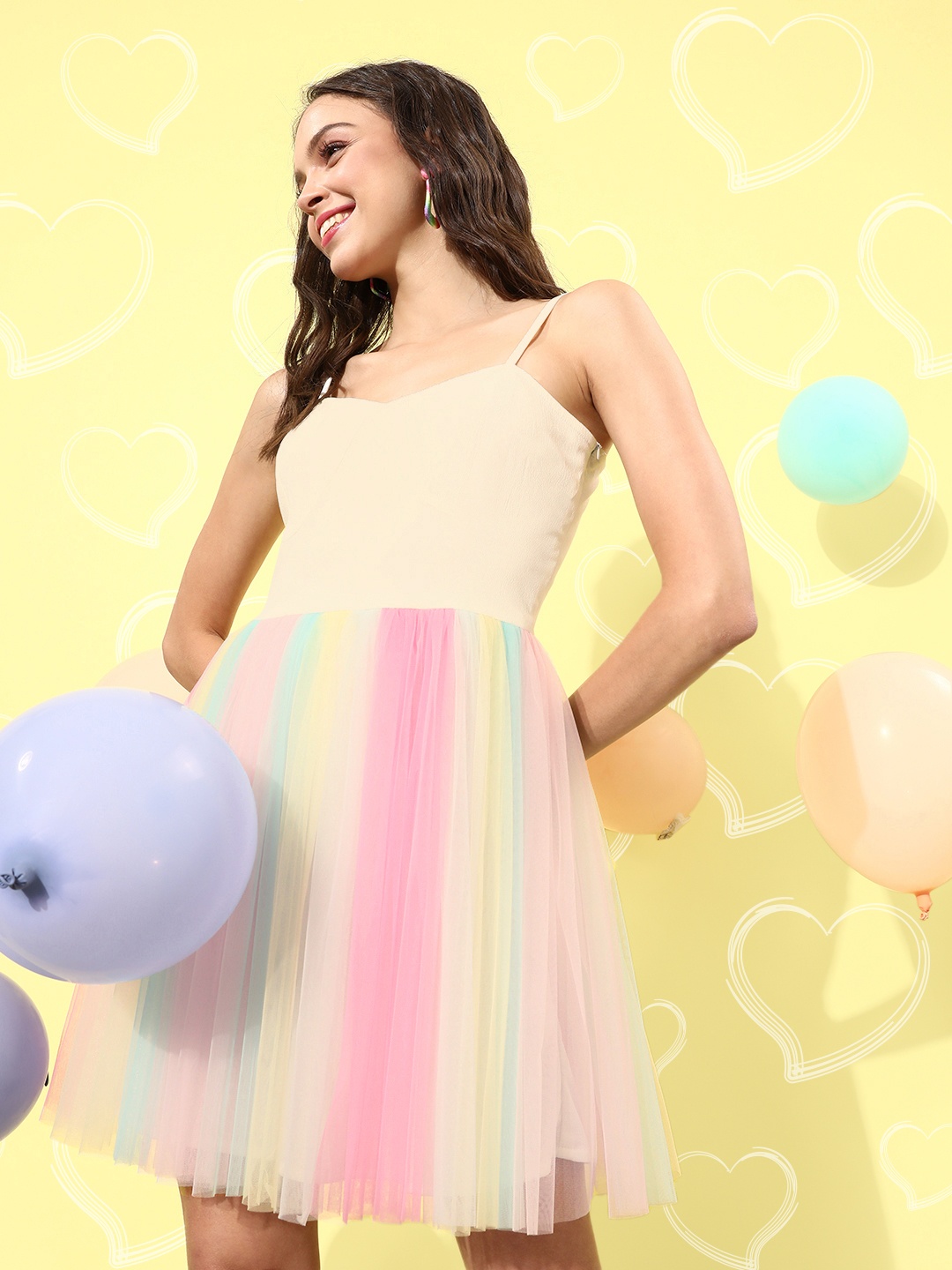 

Style Quotient Women Colourblocked Tulle Dress, Cream