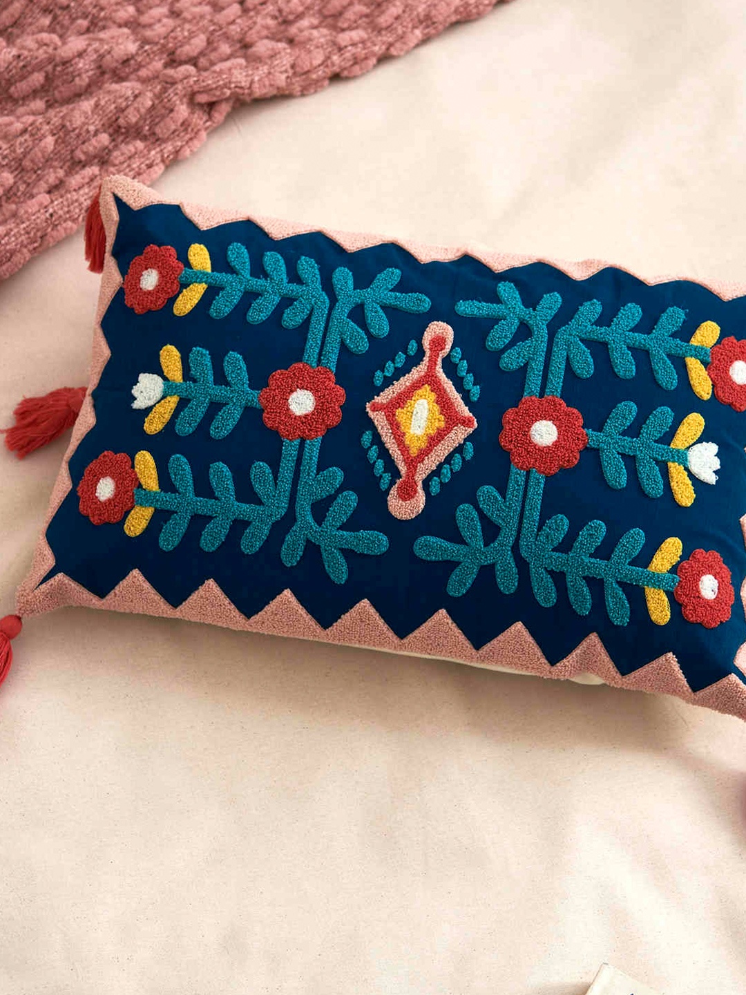 

Chumbak Navy Blue & Beige Embroidered Rectangle Cushion Cover