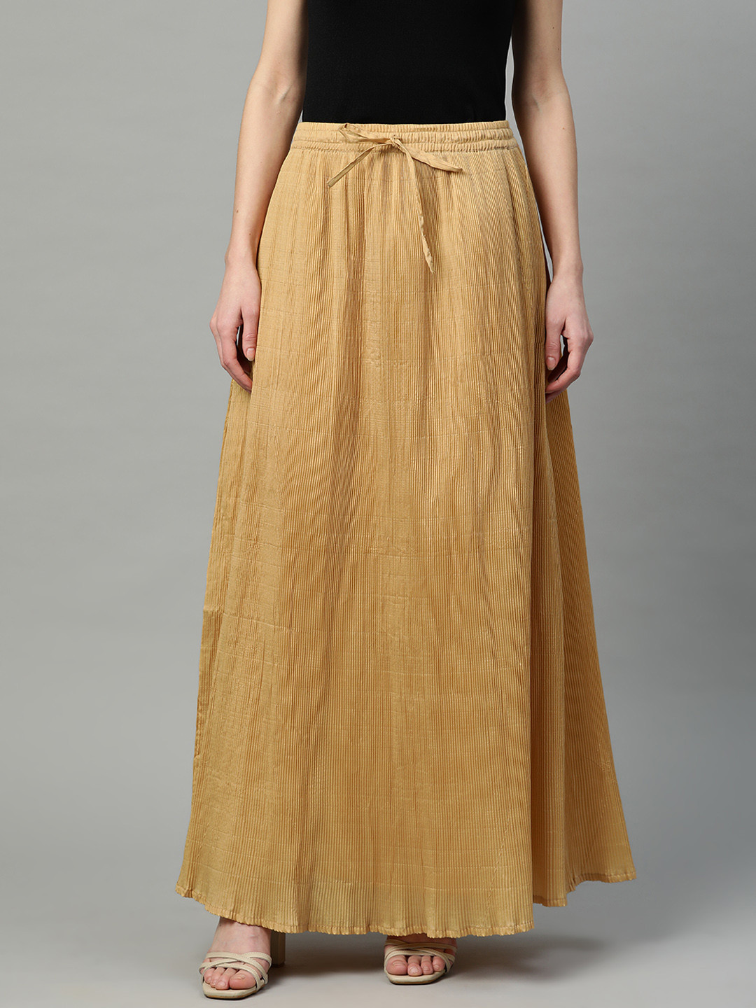 

Cottinfab Women Beige Accordion Pleats Solid A-Line Maxi Skirt