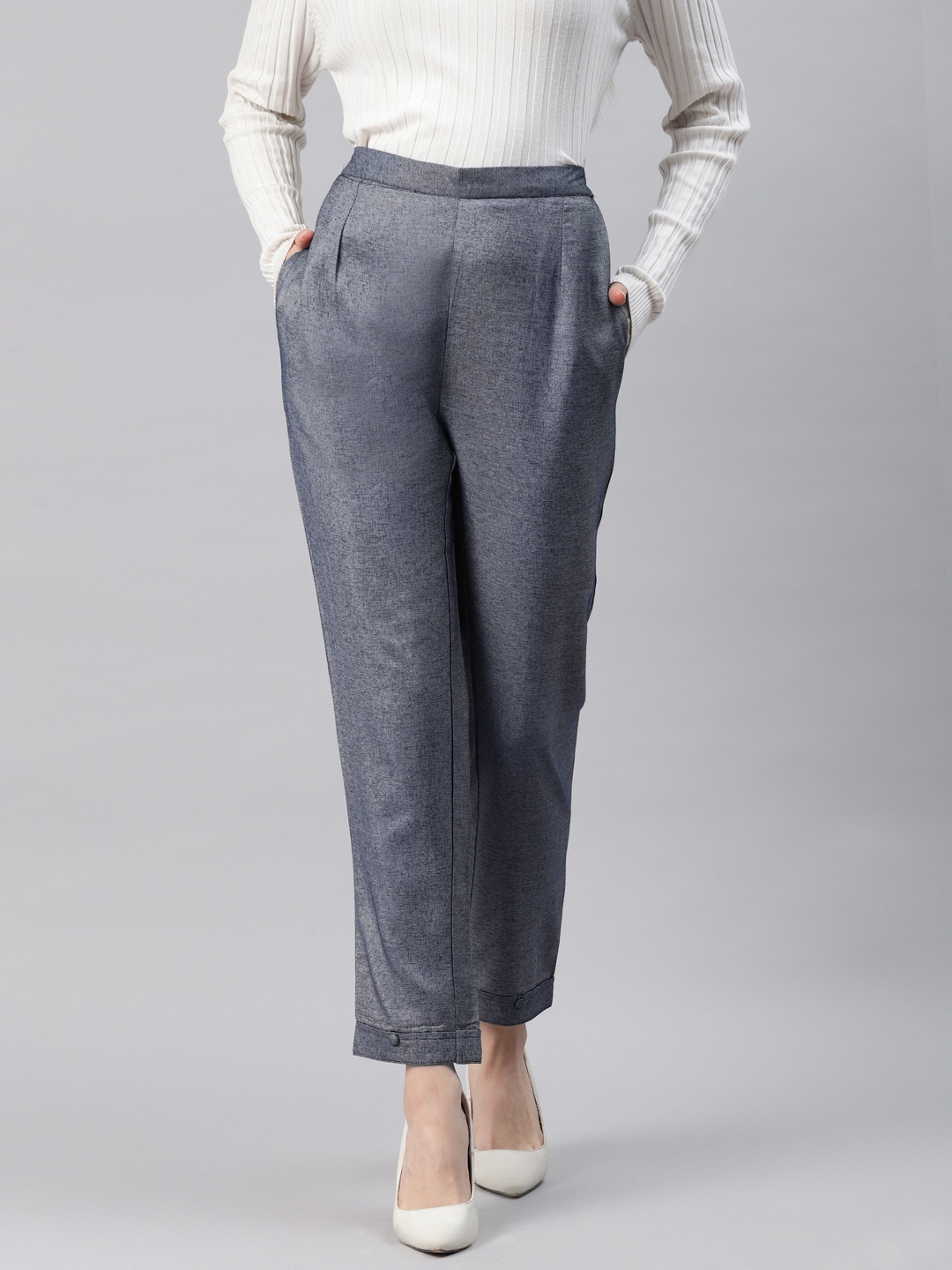 

Cottinfab Women Blue Solid Pleated Trousers