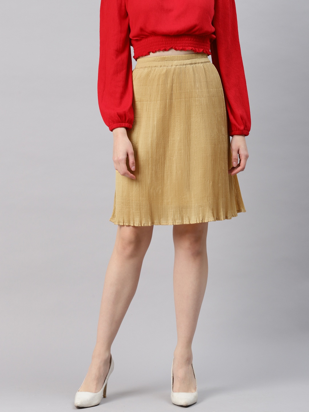 

Cottinfab Women Beige Solid Pleated & Flared Mini Skirt