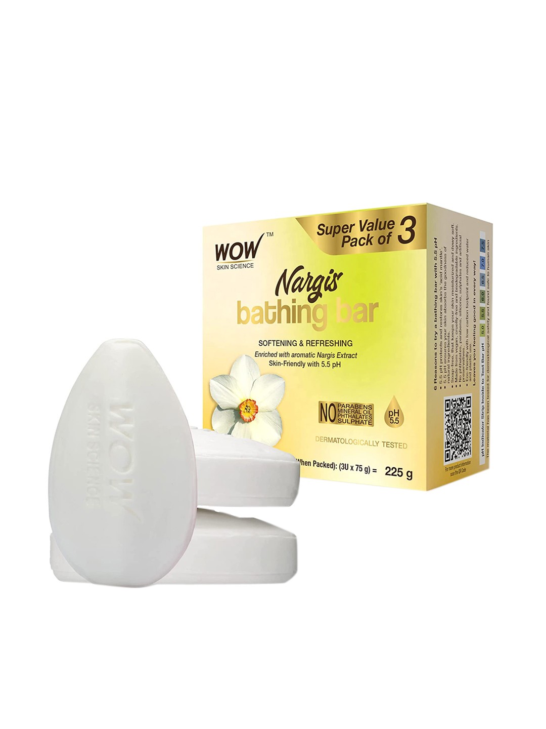 

WOW SKIN SCIENCE Set Of 3 Nargis Bathing Bar With 5.5 Ph 225 g, White