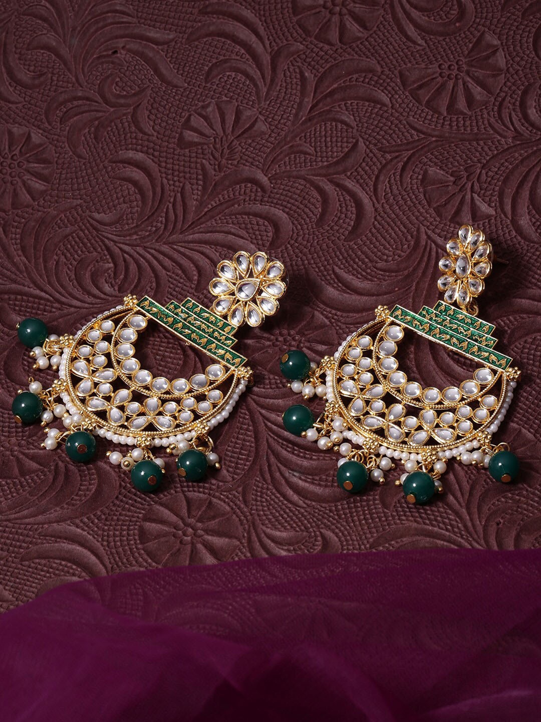 

LIVE EVIL Gold-Plated White & Green Crescent Shaped Chandbalis