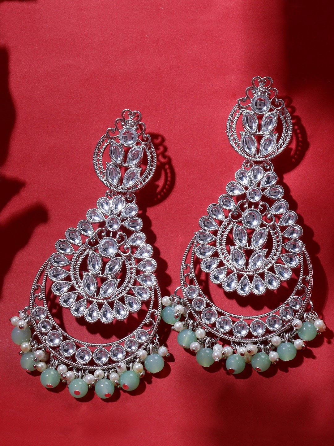 

LIVE EVIL Gold-Plated White & Green Crescent Shaped Chandbalis