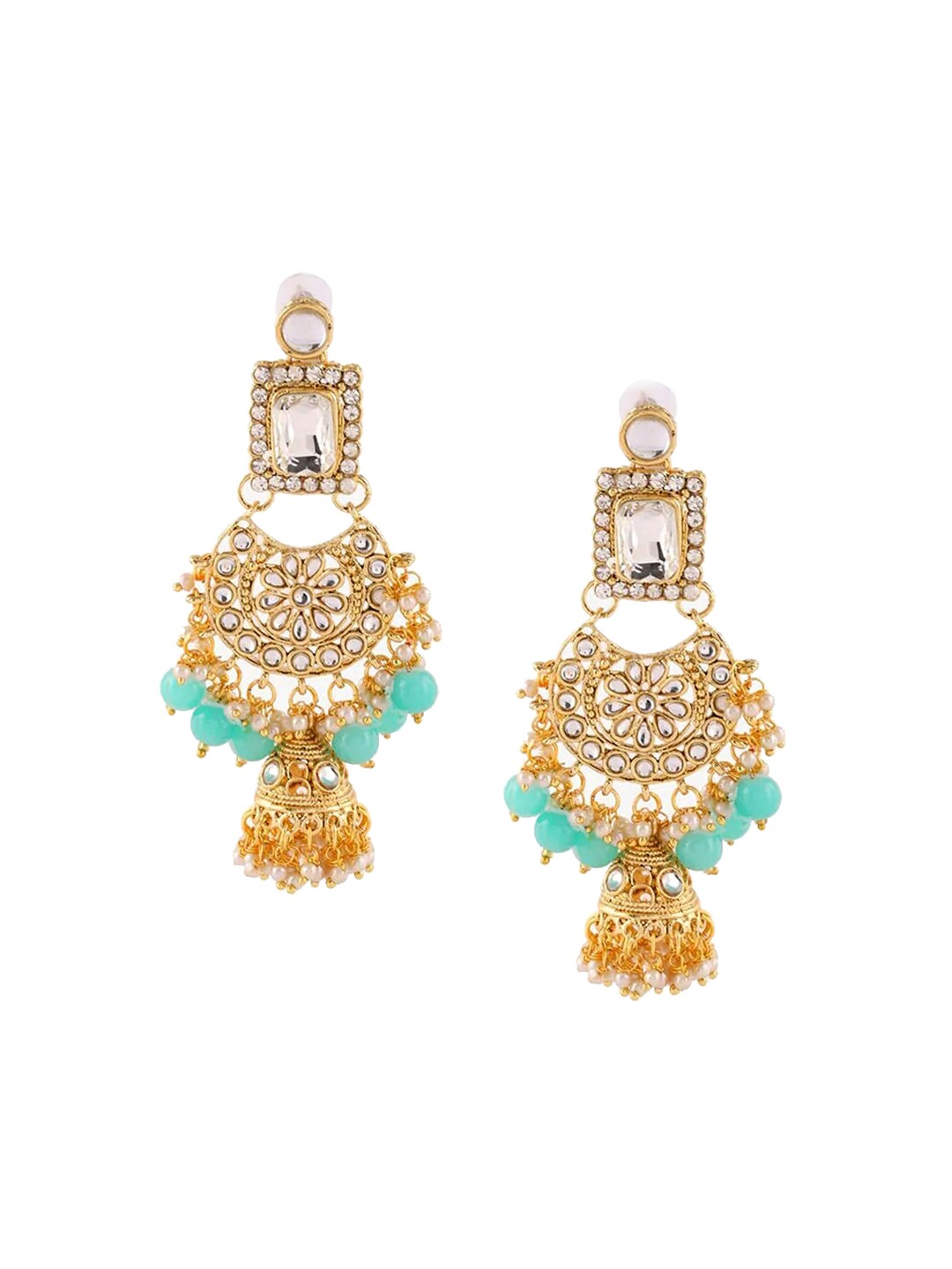 

LIVE EVIL Gold-Plated White & Turquoise Blue Geometric Jhumkas