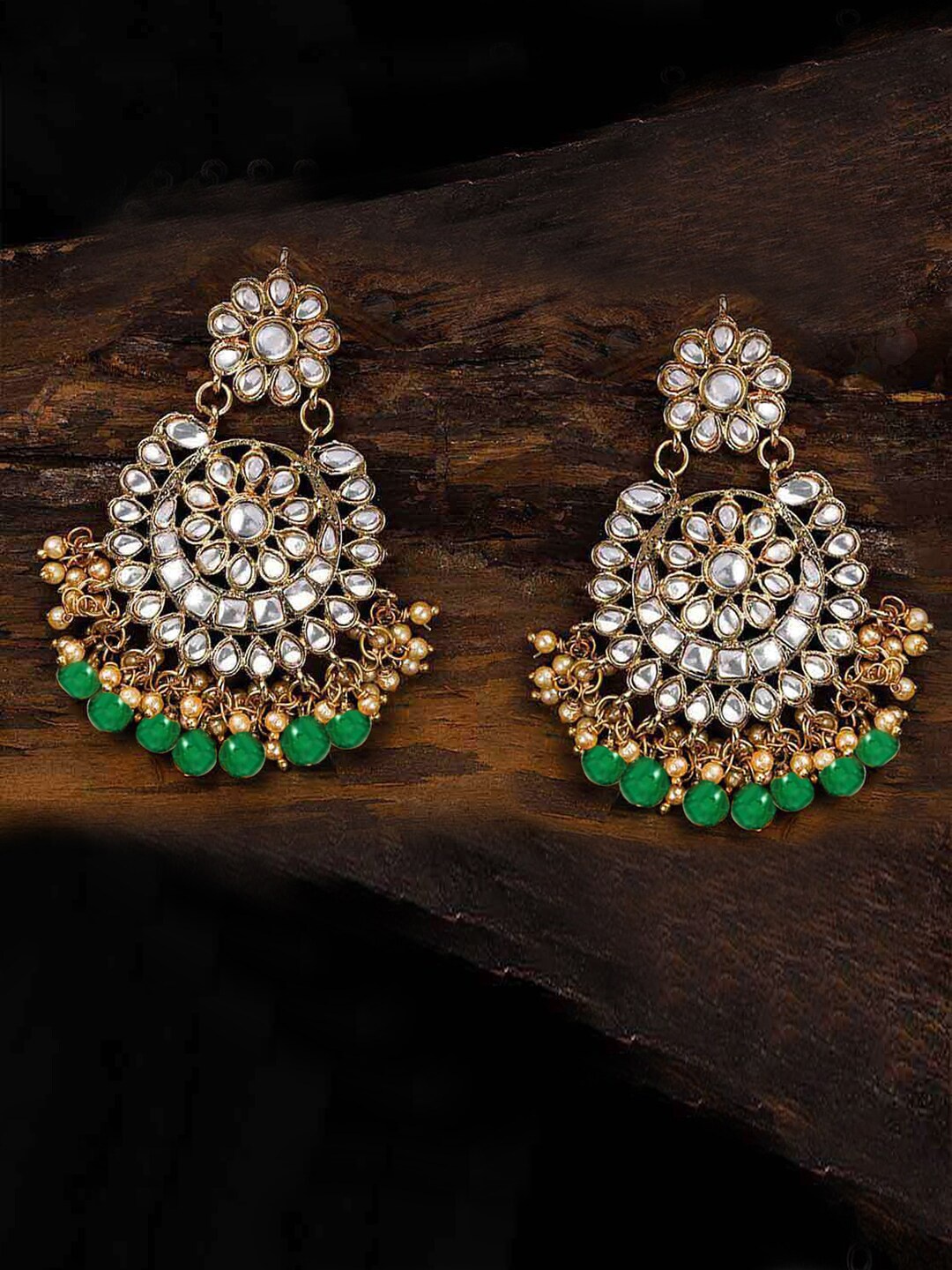 

LIVE EVIL Gold-Plated White & Green Crescent Shaped Chandbalis