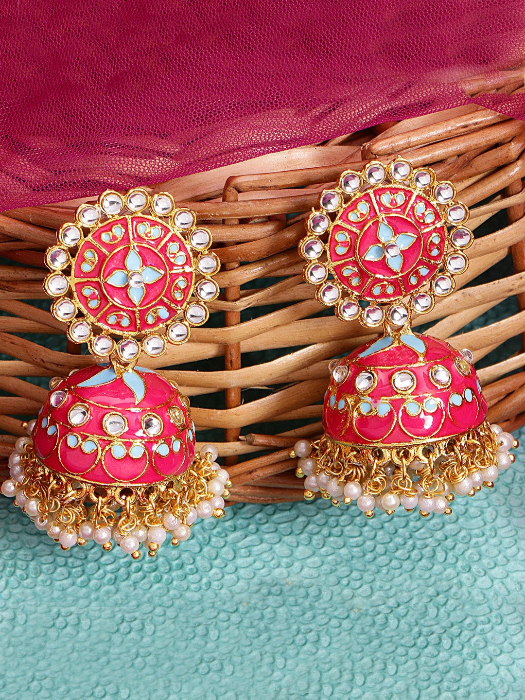 

LIVE EVIL Gold-Plated Pink & Blue Dome Shaped Jhumkas