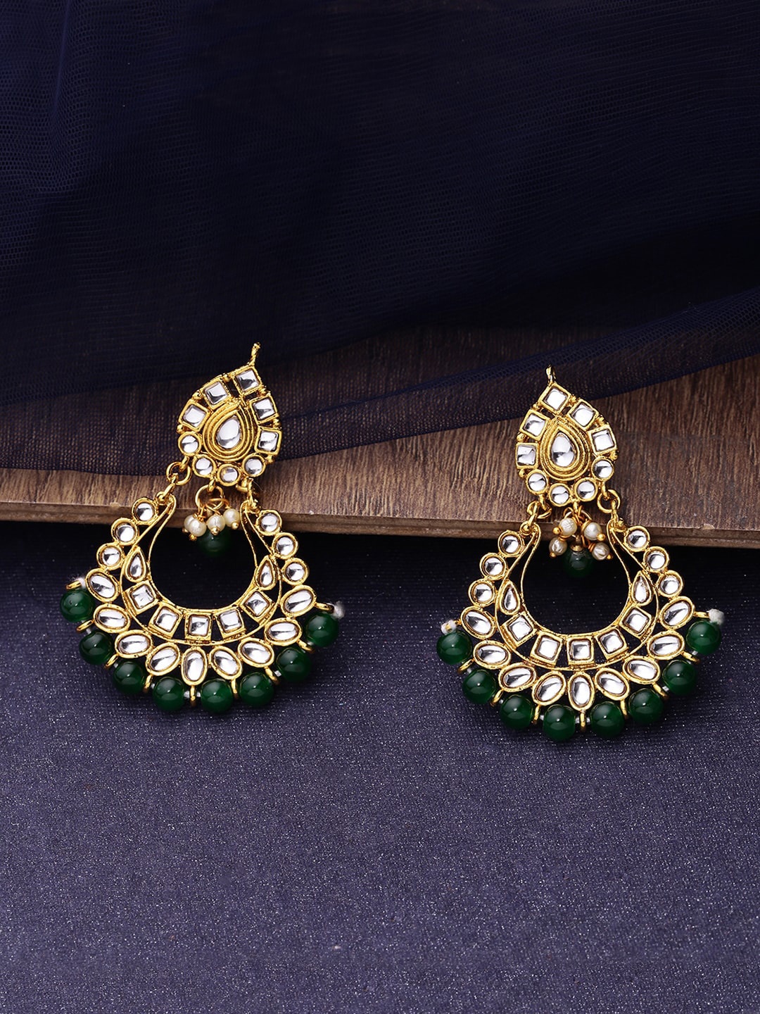 

LIVE EVIL Gold-Plated White & Green Crescent Shaped Chandbalis Earrings