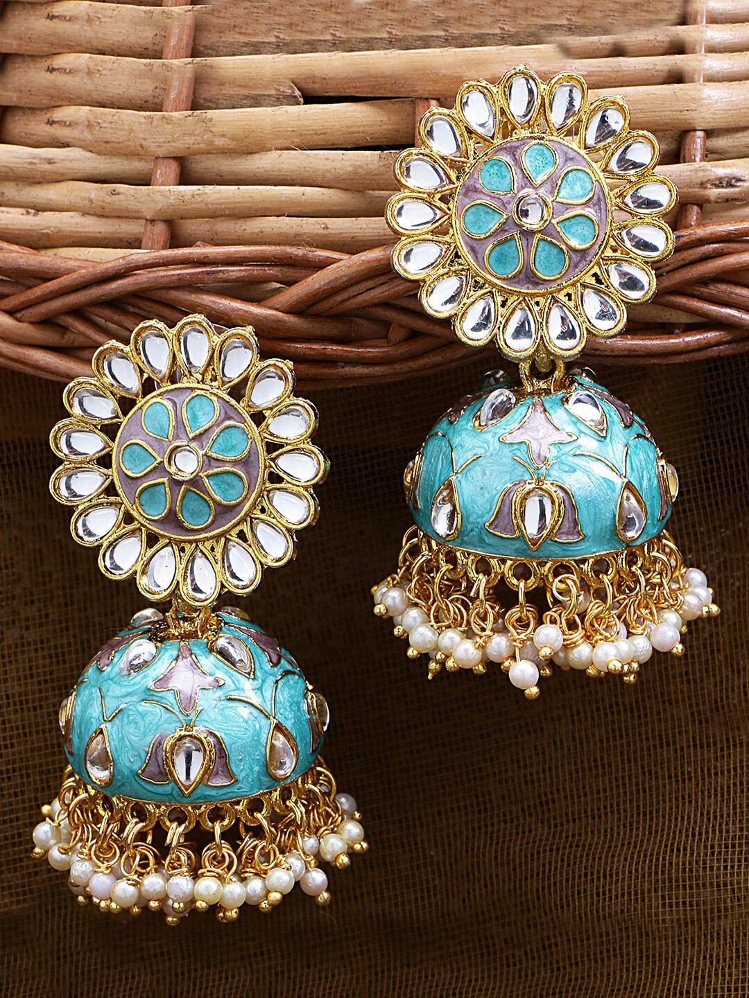 

LIVE EVIL Gold-Plated Sea Green & White Dome Shaped Jhumkas