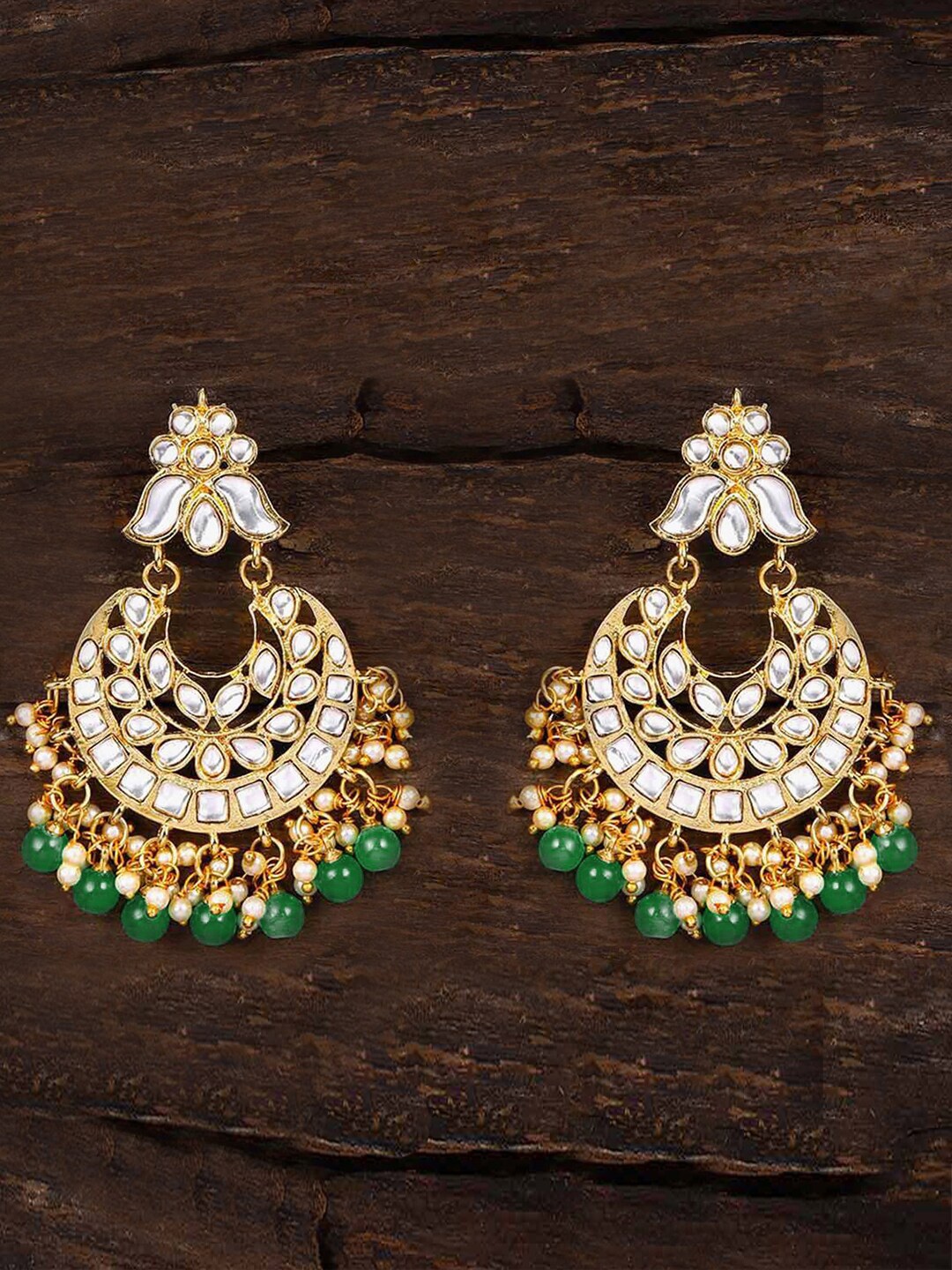

LIVE EVIL Gold-Plated White & Green Crescent Shaped Chandbalis