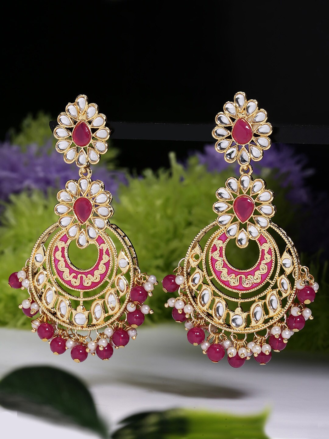 

LIVE EVIL Gold-Plated Pink & White Crescent Shaped Chandbalis
