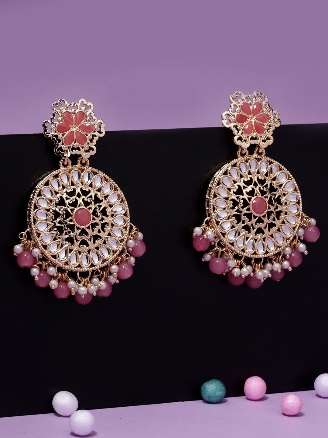 

LIVE EVIL Gold-Plated White & Pink Circular Drop Earrings