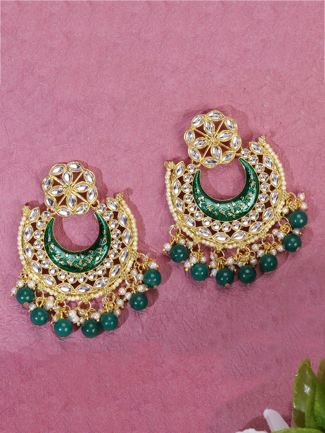 

LIVE EVIL Gold-Plated Green & White Crescent Shaped Chandbalis