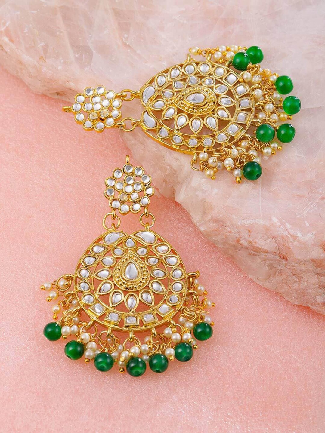 

LIVE EVIL Gold-Plated White & Green Oval Drop Earrings