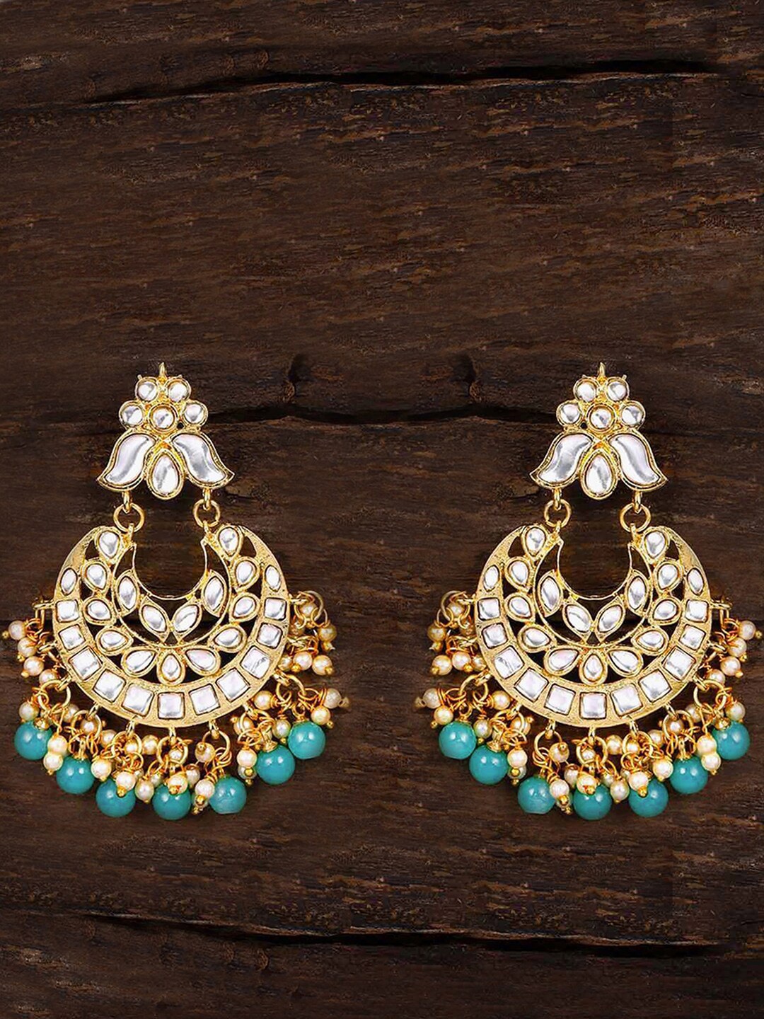 

LIVE EVIL Gold-Plated White & Sea Green Crescent Shaped Chandbalis