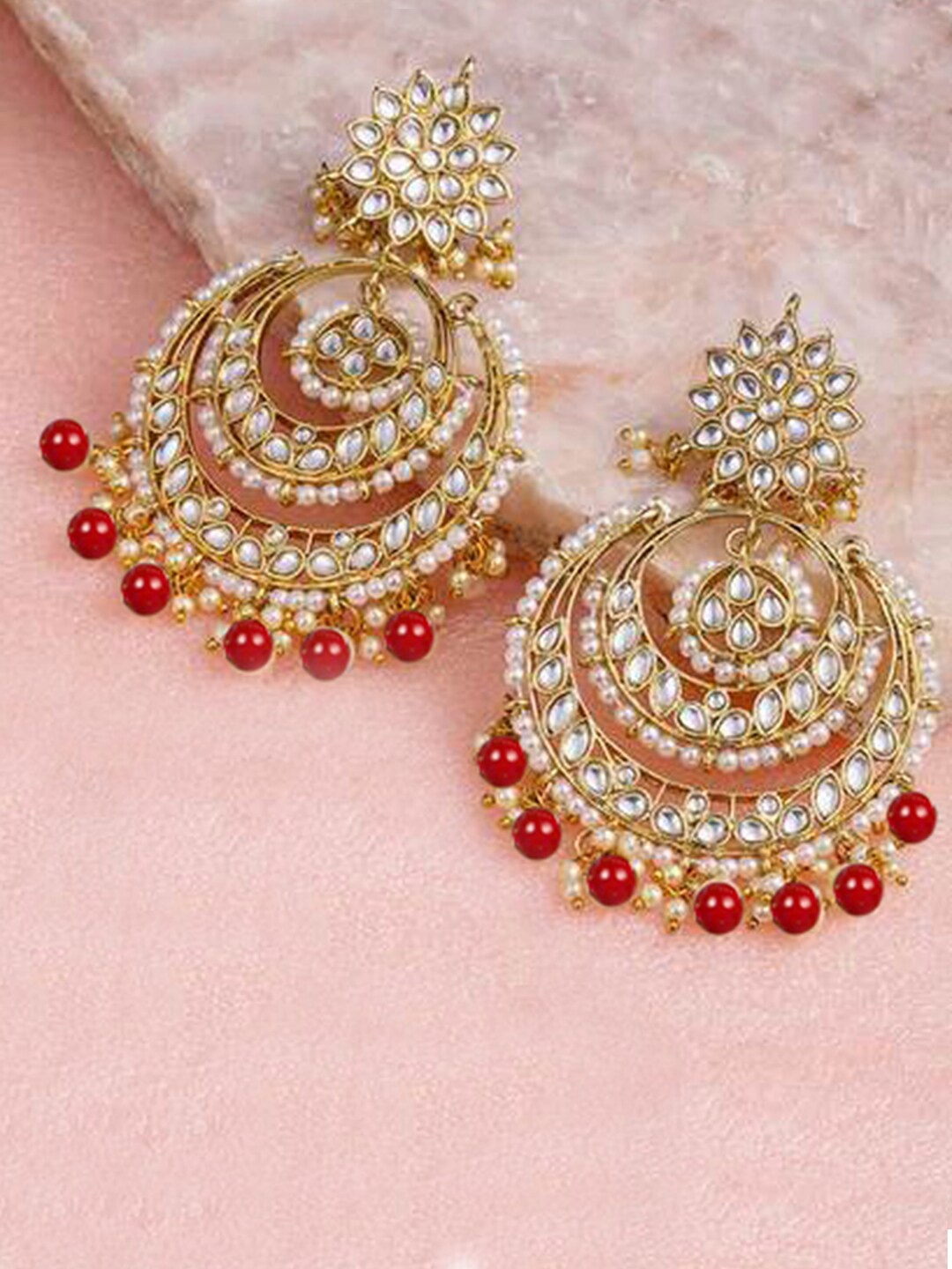 

LIVE EVIL Gold-Plated White & Maroon Crescent Shaped Chandbalis