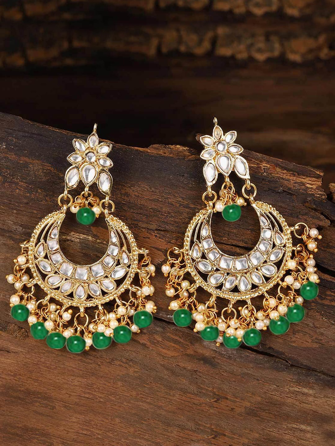 

LIVE EVIL Gold-Plated White & Green Crescent Shaped Chandbalis