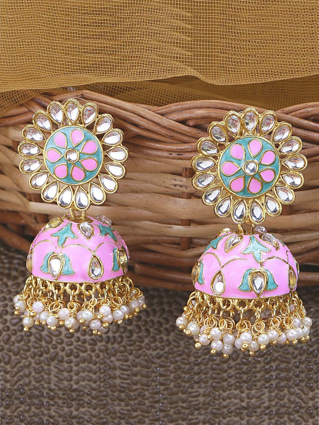 

LIVE EVIL Gold-Plated Pink & Blue Dome Shaped Jhumkas