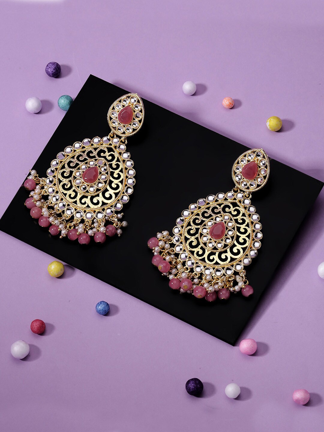 

LIVE EVIL Gold-Plated Pink & White Teardrop Shaped Drop Earrings