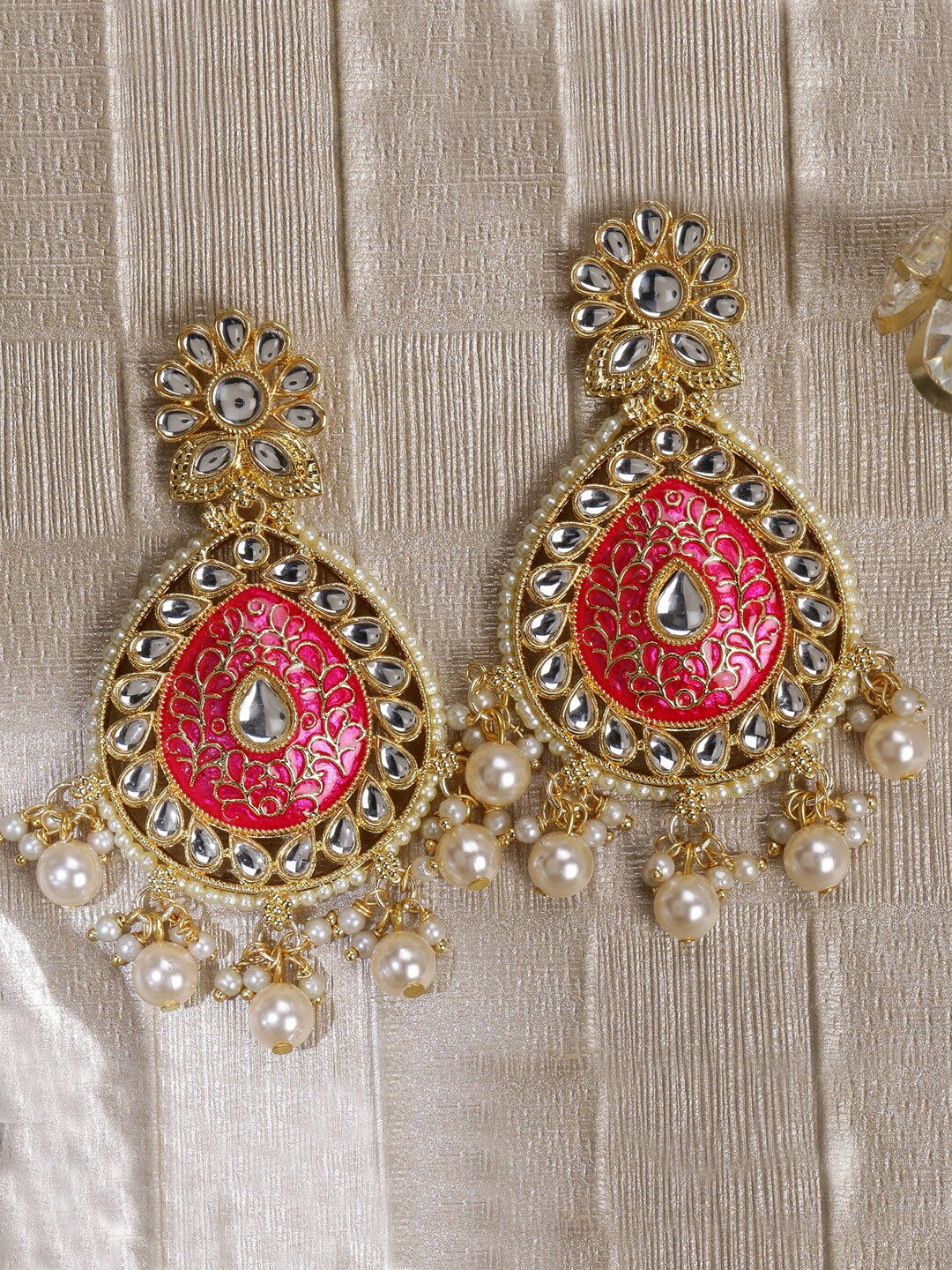 

LIVE EVIL Gold-Plated Pink & White Teardrop Shaped Drop Earrings