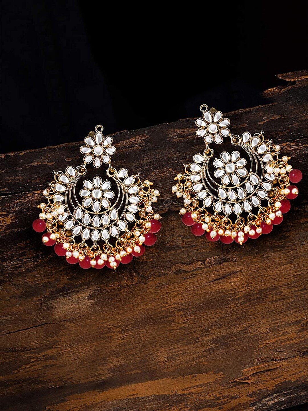 

LIVE EVIL Gold-Plated White & Maroon Crescent Shaped Chandbalis