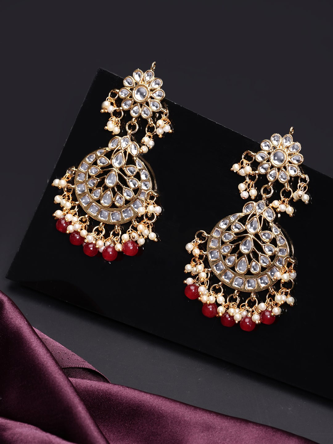 

LIVE EVIL Gold-Plated White & Red Crescent Shaped Chandbalis