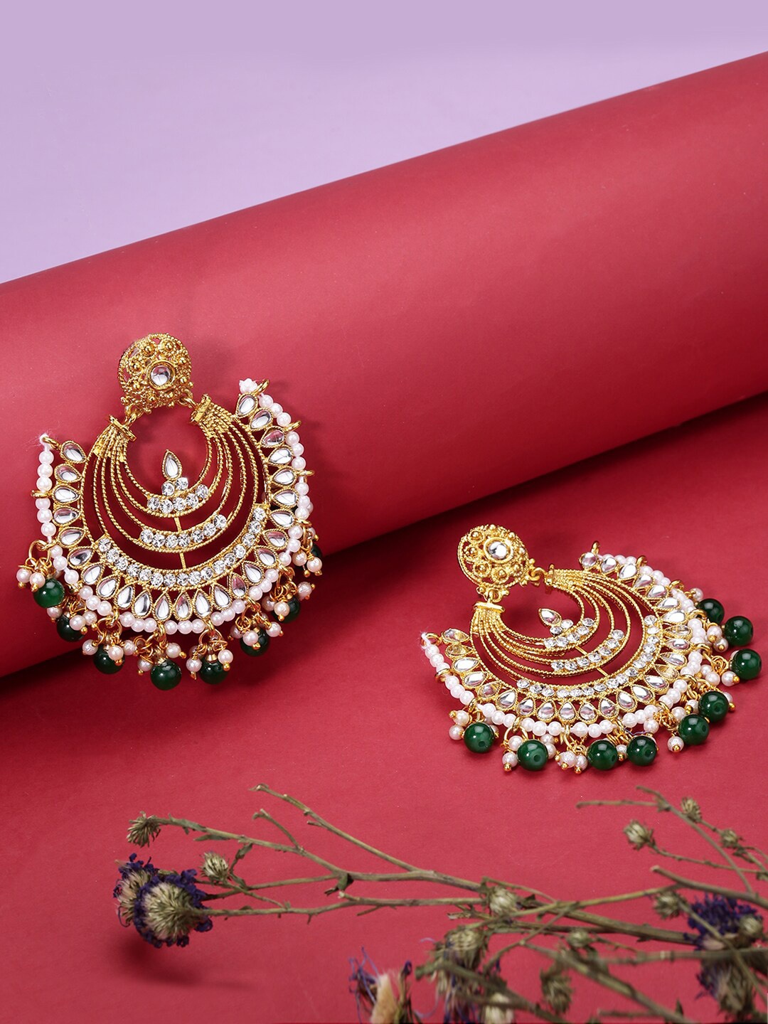 

LIVE EVIL Gold-Plated White & Green Crescent Shaped Chandbalis