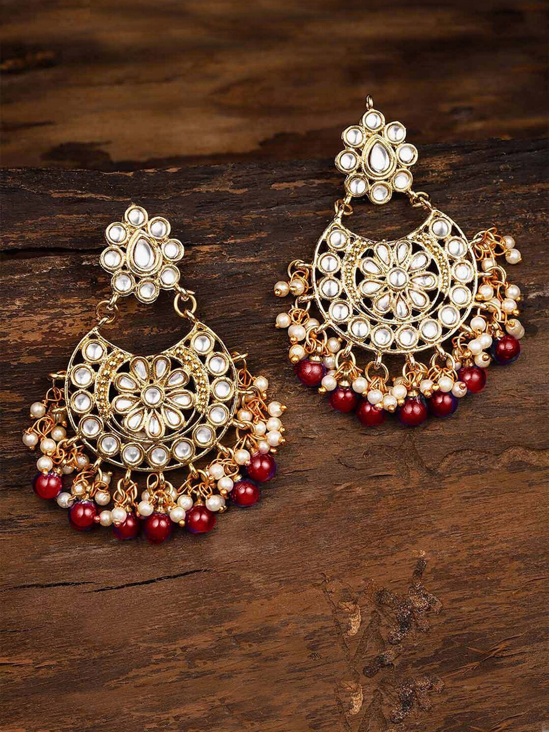 

LIVE EVIL Gold-Plated White & Maroon Crescent Shaped Chandbalis